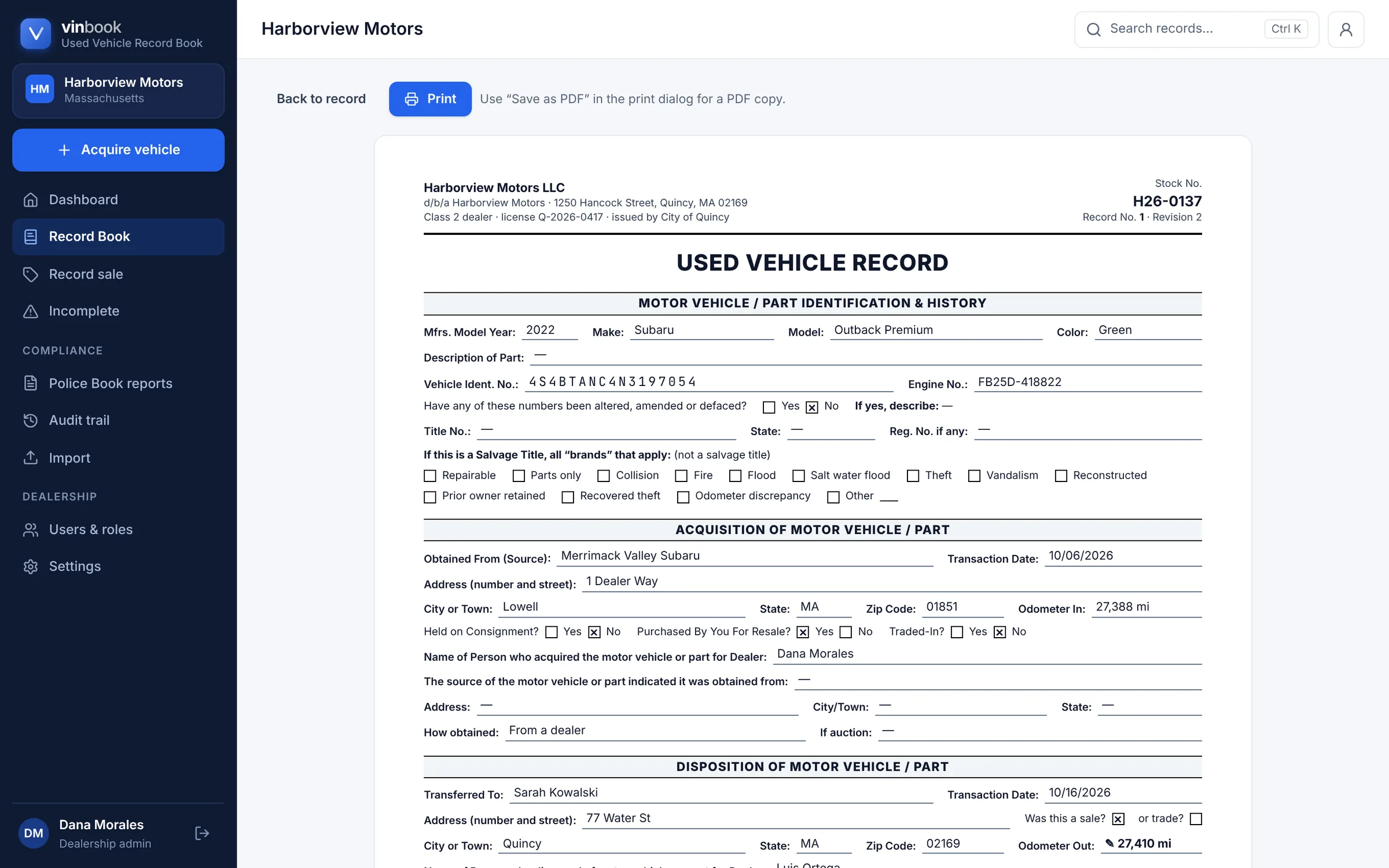 A VinBook record printout laid out like the Used Vehicle Record book page, with identification, acquisition and disposition sections.